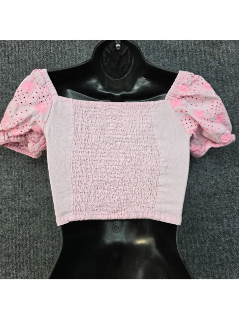Coquette Y2K Eyelet Puff Sleeve Crop Top Youth M Pink Cottagecore Barbiecore